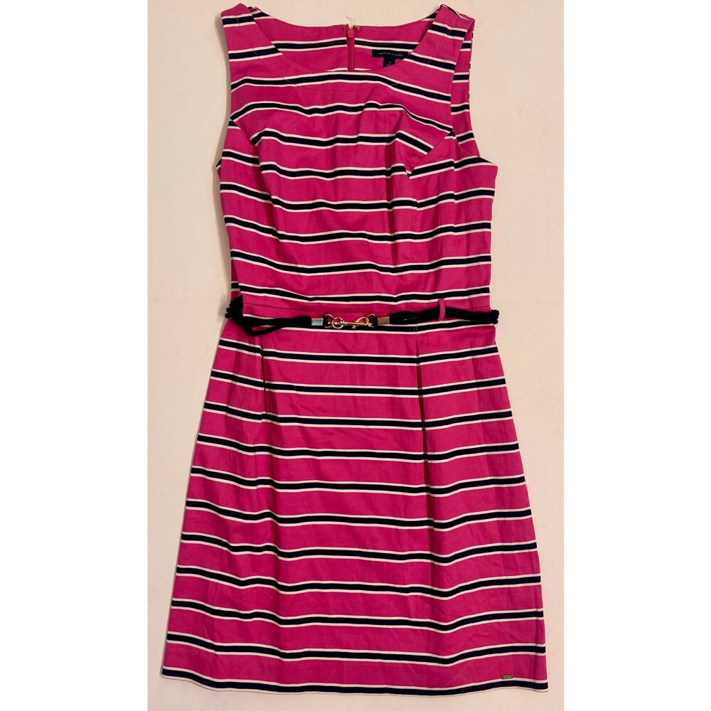 Tommy Hilfiger Women's Pink/Navy Belted Striped Sleeveless Dress Size 10
